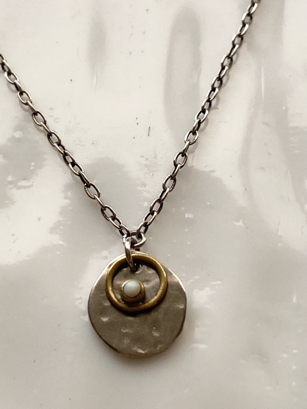 Silpada Sterling Silver Disc Necklace with Gold Halo and Pearl Accent 16”inches - Picture 3 of 5